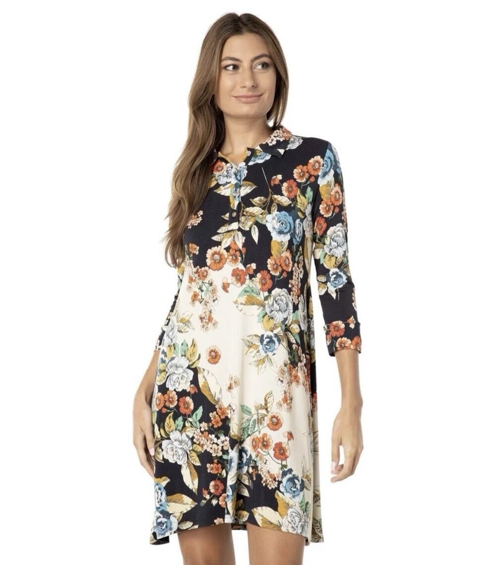NWT Johnny Was Colorful Floral Emma Rose Polo Tunic Stretch Polo Mini Dress S